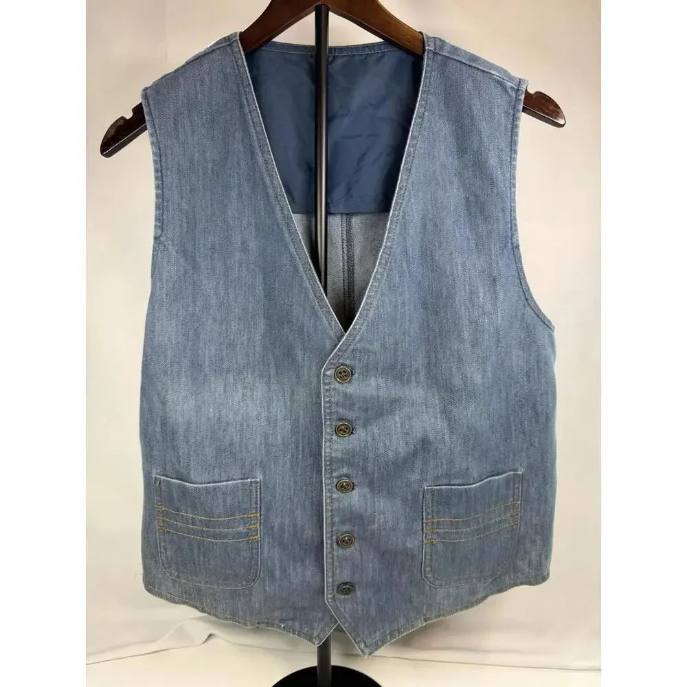 Vintage Lee Denim Vest Mens Blue Separate-Lees Button Waistcoat Pockets Lined‎